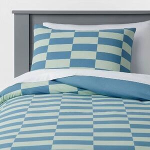 Pillowfort - Twin Checkers Kids' Duvet Cover Teal Blue - Pillow Checkers
